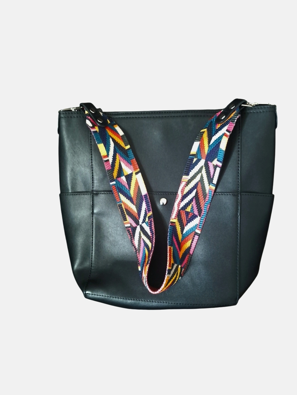 Black Women's Hobo Bag with Colorful Geometric Strap